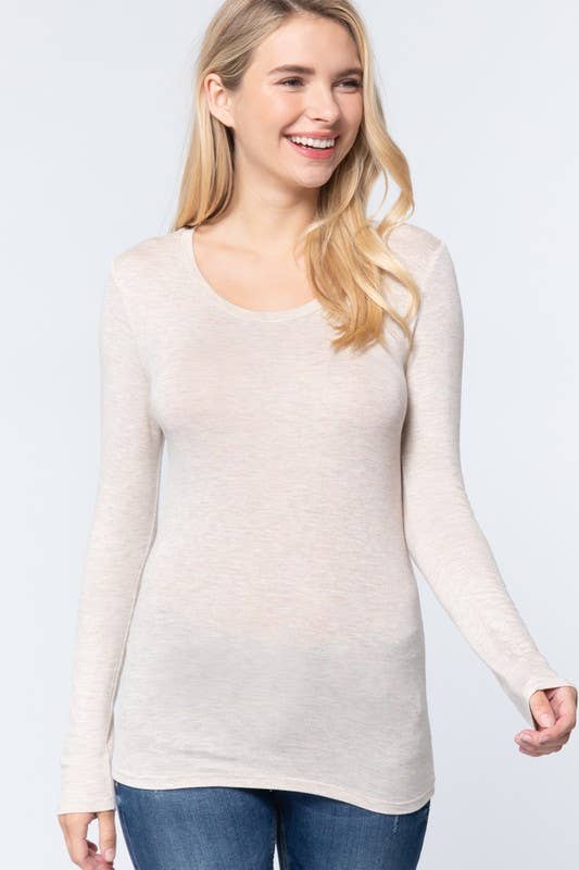 LONG SLEEVE ROUND NECK TOP: OATMEAL