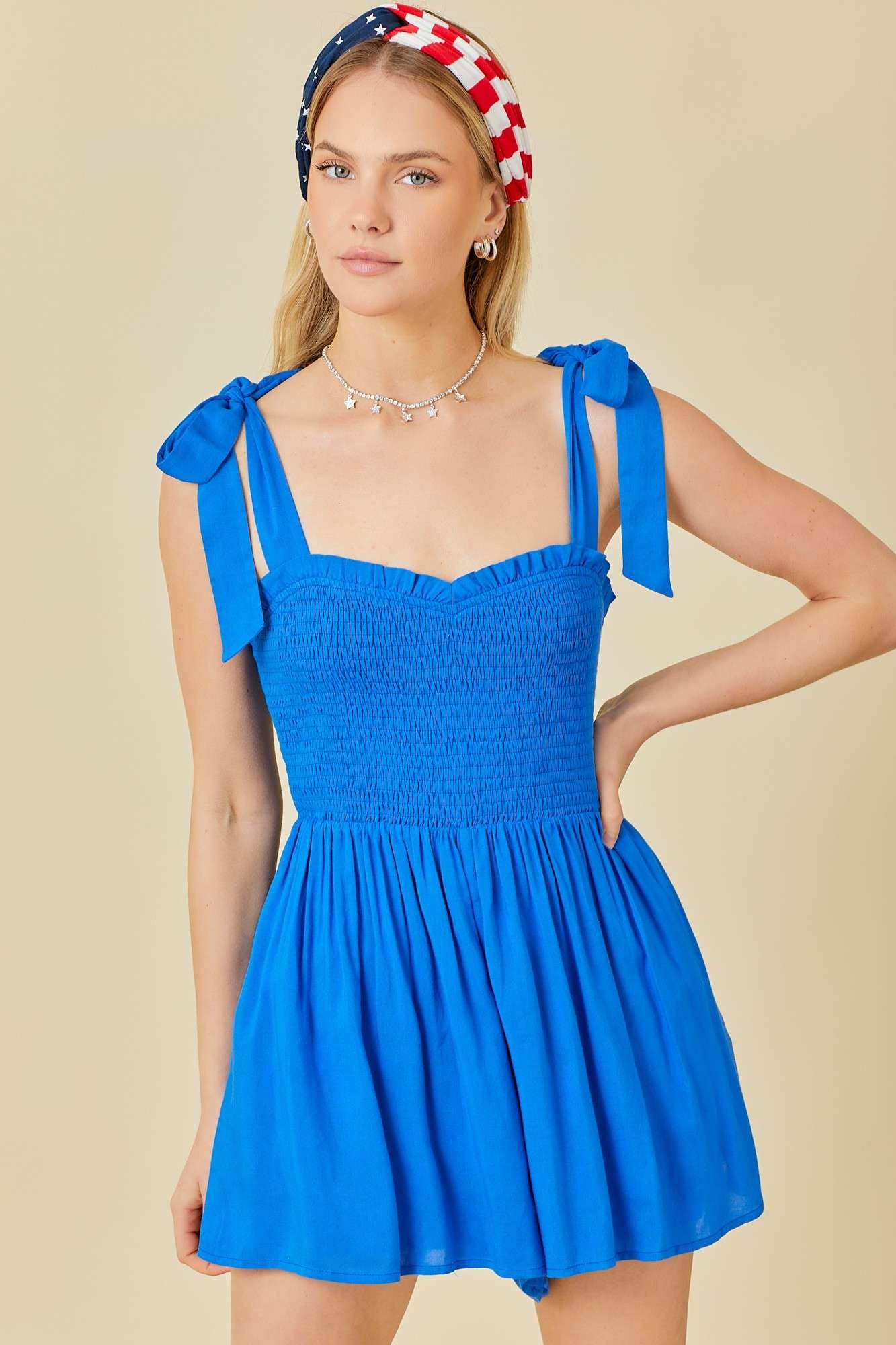 ROYAL BLUE SHOULDER TIE ROMPER