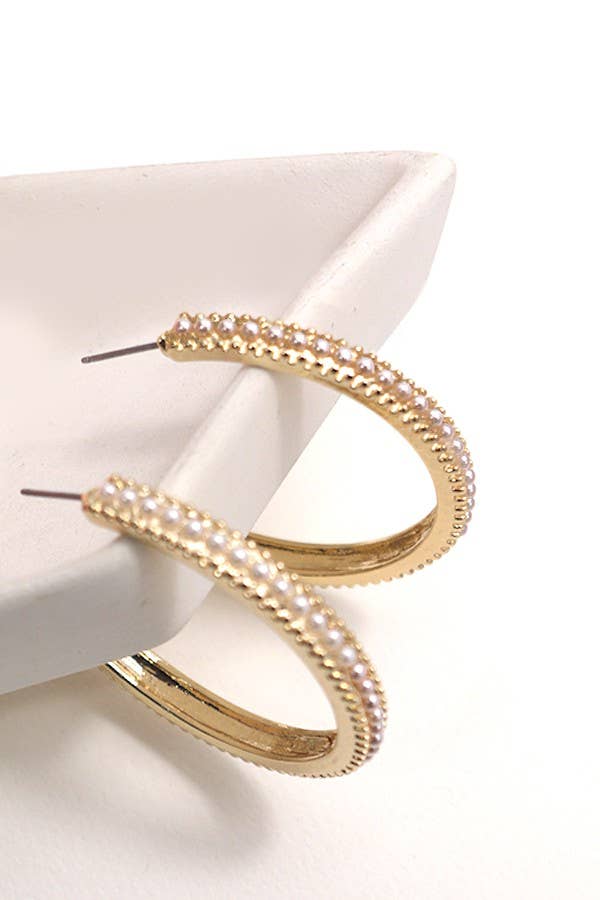 PEARL PAVE HOOP EARRINGS: GOLD