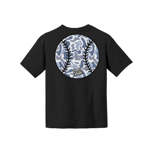BLUE CAMO YOUTH BASEBALL TEE: BLACK