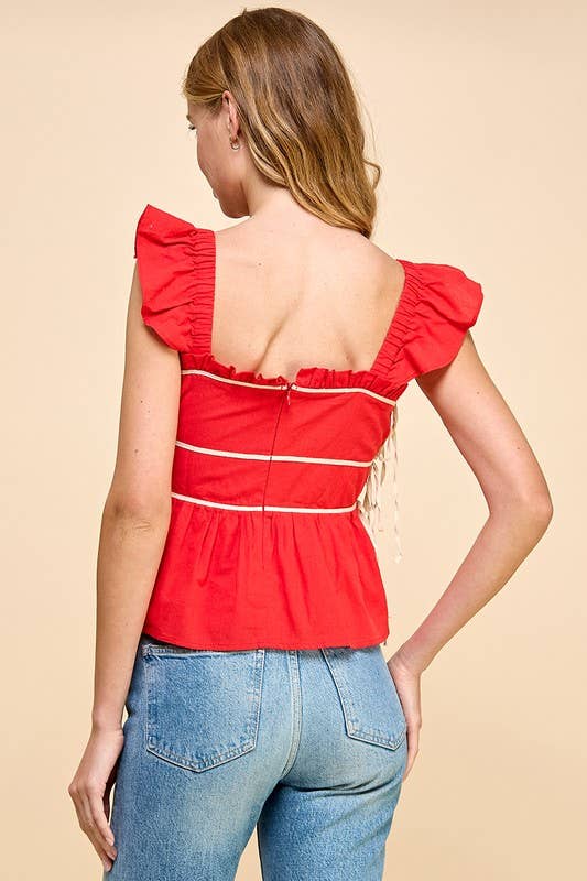 RUCHED RUFFLE STRAP TOP: RED